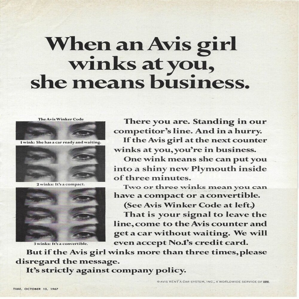 1967 Avis Rent A Car Avis Girl Winks At You Vintage Magazine Print Ad/Poster